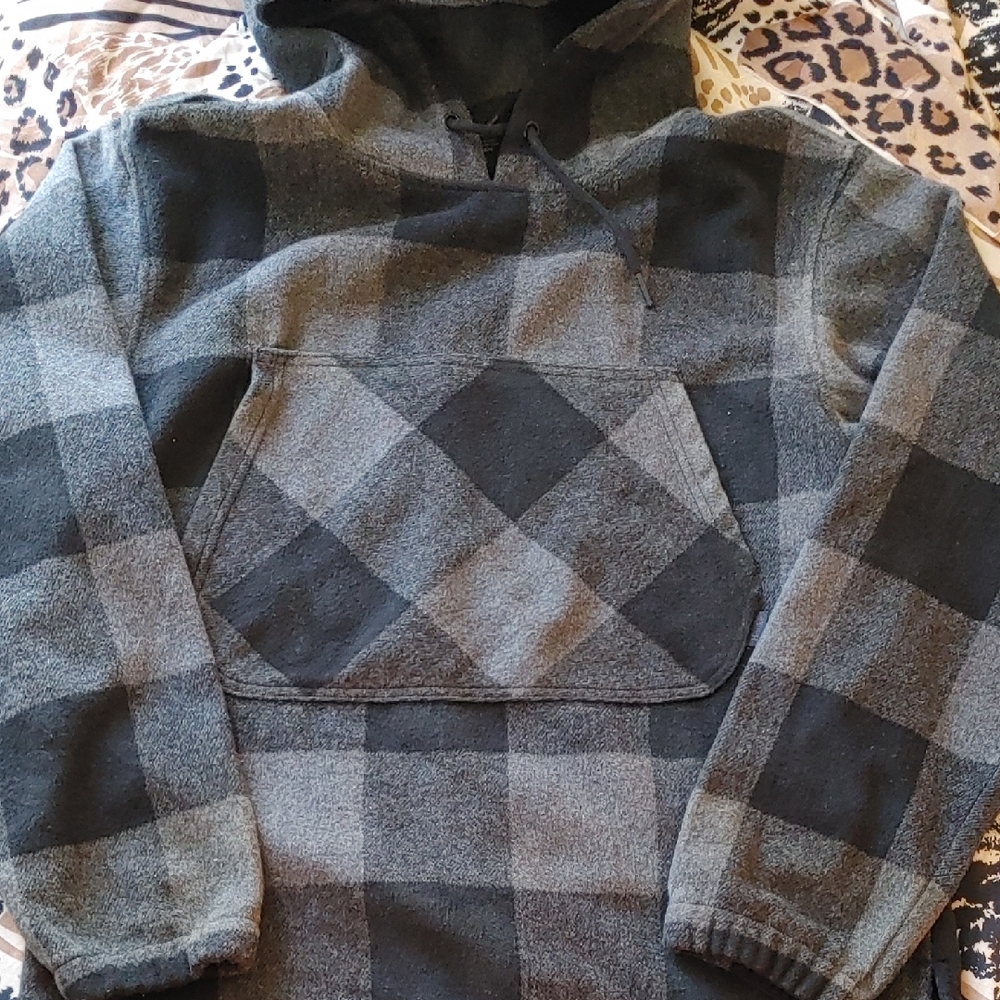 Men's Black and Gray Plaid Sweater Hoodie Sz M